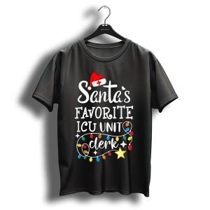 Santas Favorite Icu Unit Clerk Christmas Lights Santa Hat T Shirt
