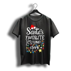 Santa'S Favorite Icu Unit Clerk Christmas Lights Santa Hat T-Shirt