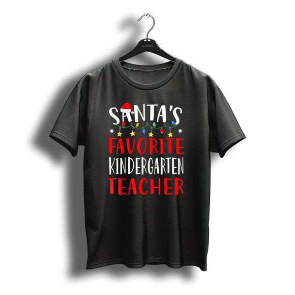 Santas Favorite Kindergarten Teacher Christmas Lights And Hat T Shirt t shirt 1