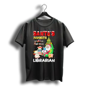 Santa'S Favorite Librarian Christmas Holiday Santa Reading With Books And Tree T-Shirt