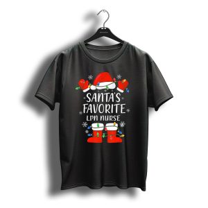 Santa'S Favorite Lpn Nurse With Santa Hat And Boots Christmas Lights T-Shirt