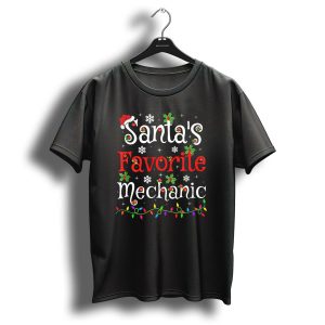 Santas Favorite Mechanic Christmas Lights Hat Snowflakes Holly T Shirt