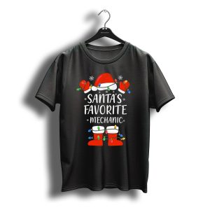 Santa'S Favorite Mechanic Santa Hat Christmas Lights T-Shirt