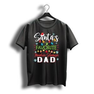Santa'S Favorite Miniature Schnauzer Dad Christmas Lights And Paw Prints T-Shirt