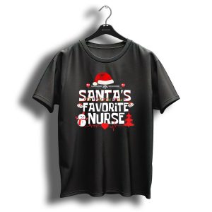 Santas Favorite Nurse Christmas Design With Hat Snowman And Heartbeat Symbols T-Shirt