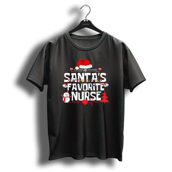 Santas Favorite Nurse Christmas Design With Hat Snowman And Heartbeat Symbols T Shirt 1 t shirt 1