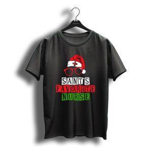 Santa'S Favorite Nurse Christmas Funny Crew Santa Hat Glasses T-Shirt