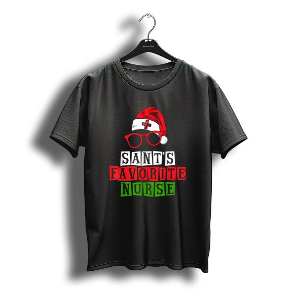 Santas Favorite Nurse Christmas Funny Crew Santa Hat Glasses T Shirt t shirt 1