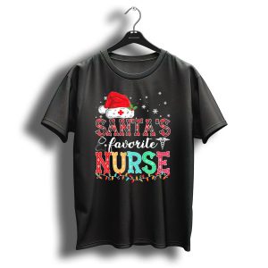 Santas Favorite Nurse Christmas Lights Snowflakes Stethoscope Caduceus Santa Hat T-Shirt