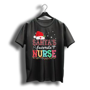 Santa'S Favorite Nurse Christmas Lights Snowflakes Stethoscope Caduceus Santa Hat T-Shirt