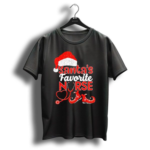 Santas Favorite Nurse Glitter Christmas Hat Stethoscope And Elf Shoes T Shirt 1 t shirt 1
