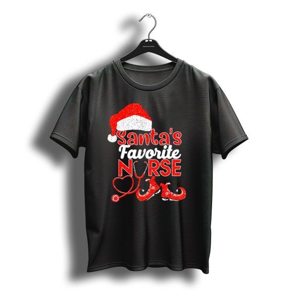 Santas Favorite Nurse Glitter Christmas Hat Stethoscope And Elf Shoes T Shirt t shirt 1