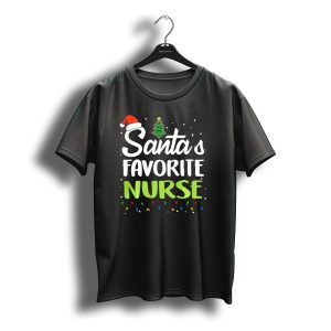 Santa'S Favorite Nurse Rn Lpn Funny Christmas Santa Hat Tree Lights T-Shirt