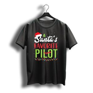 Santa'S Favorite Pilot Christmas Lights Airplane Santa Hat T-Shirt