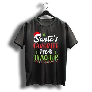 Santas Favorite Pre K Teacher Christmas Lights Hat Tree T-Shirt