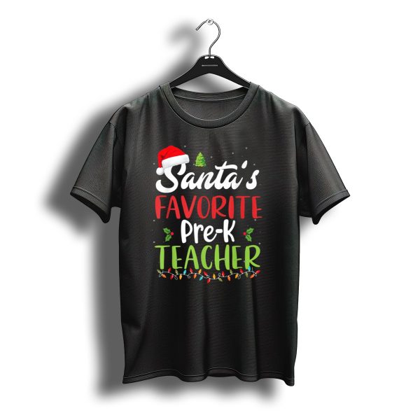Santas Favorite Pre K Teacher Christmas Lights Hat Tree T Shirt t shirt 1
