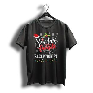 Santa'S Favorite Receptionist Christmas Lights Snowflakes Santa Hat Holiday T-Shirt