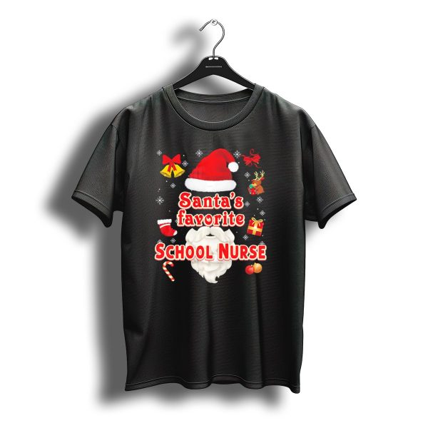 Santas Favorite School Nurse Christmas Hat Present Reindeer Snowflakes T Shirt t shirt 1