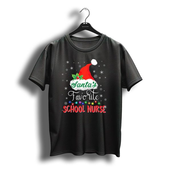 Santas Favorite School Nurse Santa Hat Snowflakes And Colorful Christmas Lights T Shirt t shirt 1