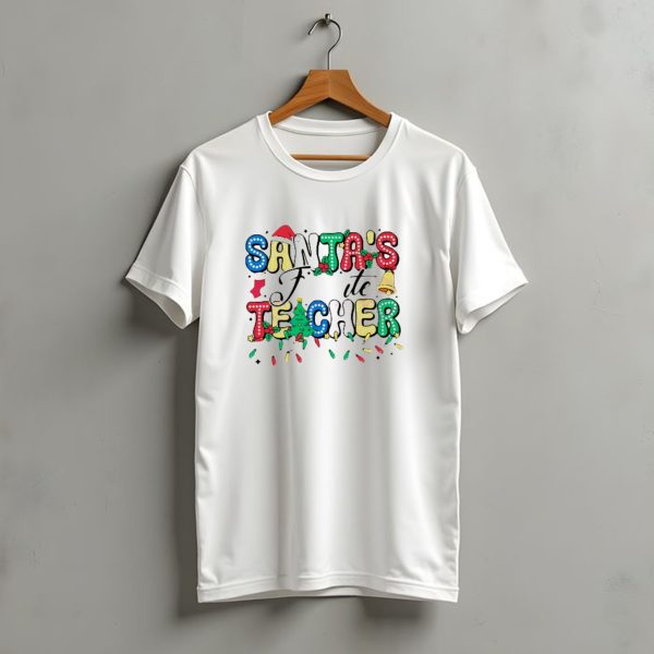 Santas Favorite Teacher Christmas Light With Hat Stocking Bell And Tree T Shirt t shirt 1