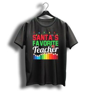 Santas Favorite Teacher Christmas Lights Pencil Rainbow T-Shirt