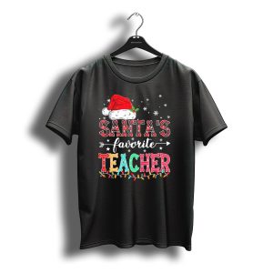 Santa'S Favorite Teacher Christmas Lights Santa Hat Snowflakes T-Shirt