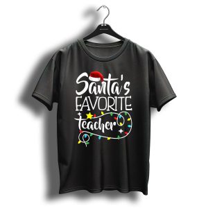 Santas Favorite Teacher Christmas Lights With Santa Hat Stars And Colorful Bulbs T-Shirt