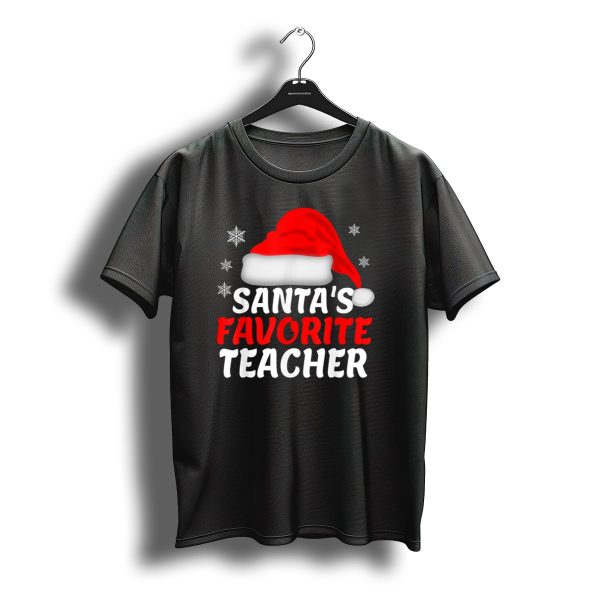 Santas Favorite Teacher Christmas Santa Hat Snowflakes T Shirt t shirt 1