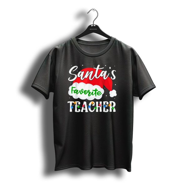 Santas Favorite Teacher Holiday Santa Hat With Christmas Lights T Shirt t shirt 1
