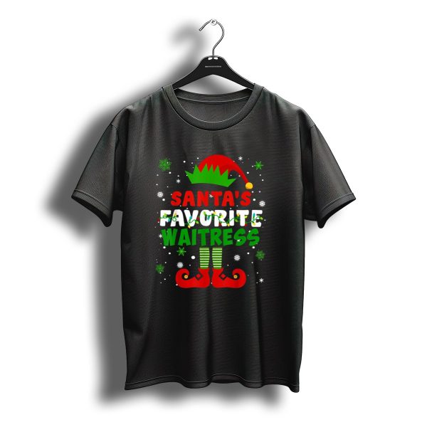 Santas Favorite Waitress Christmas Elf Style Snowflakes And Candy Cane T Shirt t shirt 1