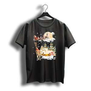 Santa'S Sleigh Over Snowy Christmas Village With Giraffe T-Shirt