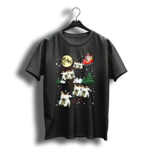 Santa'S Sleigh Pulled By Funny Westie Puppies Under Moonlit Christmas Sky T-Shirt