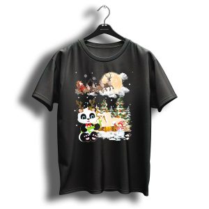 Santas Sleigh Ride Over Christmas Village With Festive Panda And Snowman T Shirt