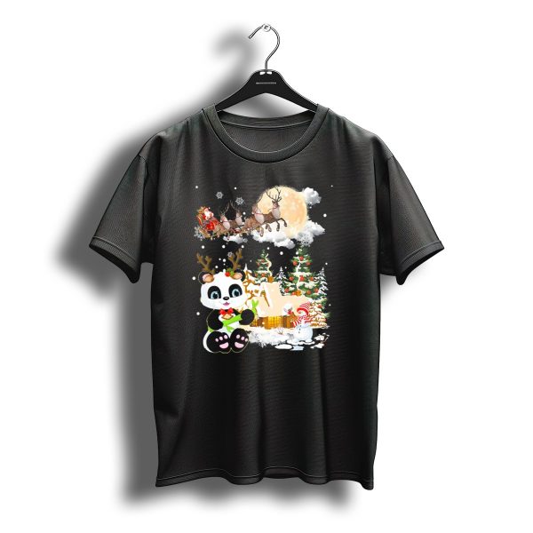 Santas Sleigh Ride Over Christmas Village With Festive Panda And Snowman T Shirt t shirt 1