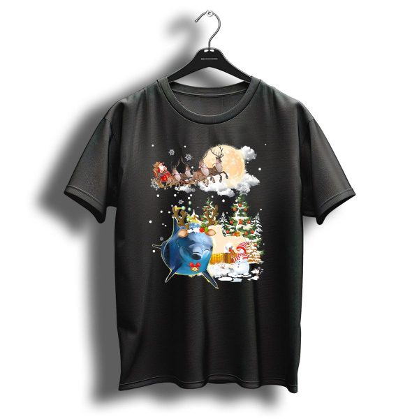 Santas Sleigh Ride With Reindeer Amidst Christmas Trees And Snowman Accompanied By Festive Dolphin T Shirt 1 t shirt 1