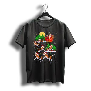 Santa'S Sleigh With Beagle Reindeer And Snowy Christmas Night T-Shirt