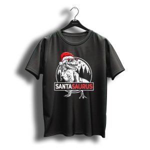 Santasaurus Dinosaur Rex Christmas T Rex Wearing Santa Hat And Sunglasses T-Shirt