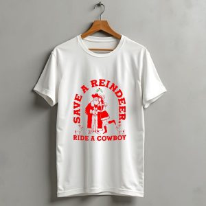 Save A Reindeer Ride A Cowboy Christmas Santa And Mrskids T Shirt Fclaus Holiday Humor T Shirt