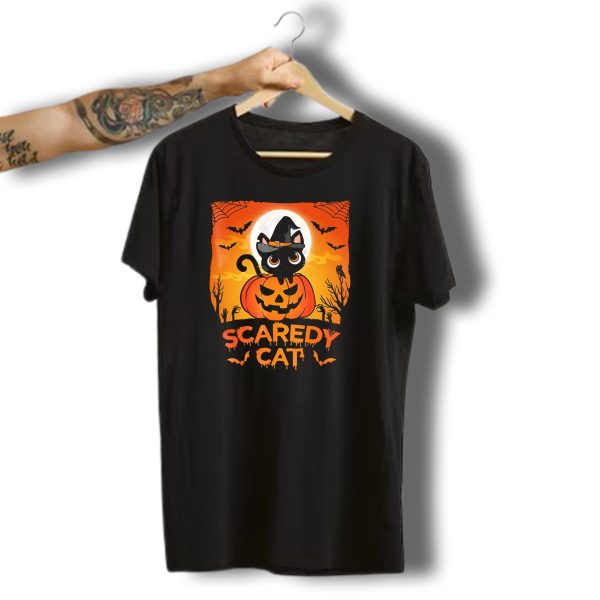 Scaredy Cat Halloween Kitten On Pumpkin With Witch Hat And Bats T Shirt t shirt 1