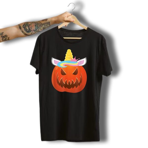 Scary Cute Unicorn Pumpkin Halloween Illustration With Colorful Mane And Horn T Shirt t shirt 1