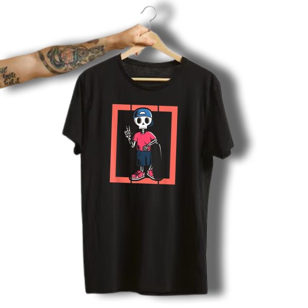 Scary Freaky Spooky Creepy Halloween Skeleton Skater Kid In Cap And Red Sneakers T Shirt 1 t shirt 1