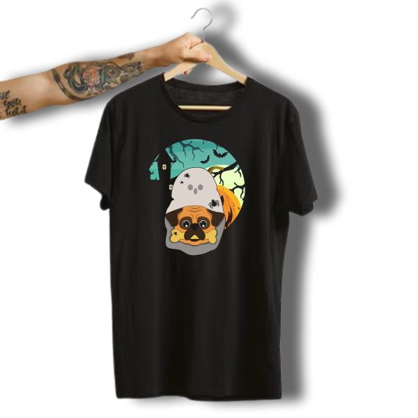 Scary Halloween Pug With Ghost Costume And Spiders In Haunted Pumpkin Patch T Shirt t shirt 1