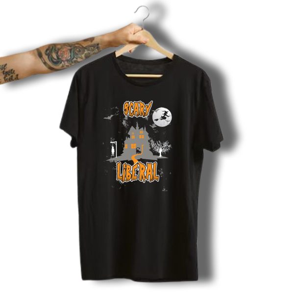 Scary Liberal Halloween Haunted House Moon Witch Bat Cat Tree T Shirt t shirt 1