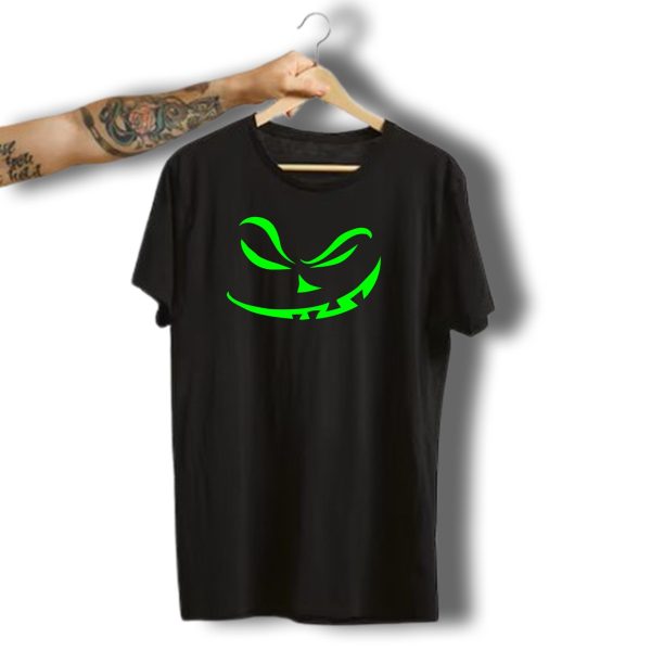 Scary Pumpkin Face Glowing Green Eyes And Grin Halloween T Shirt t shirt 1