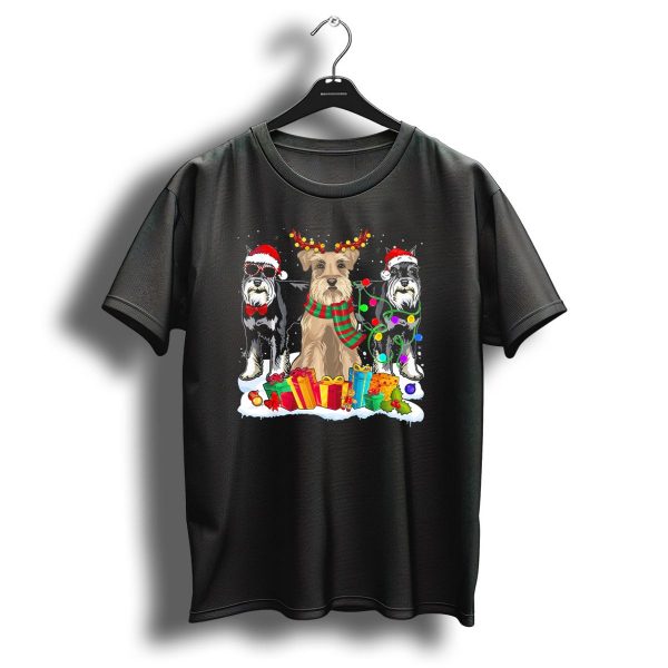 Schnauzer Christmas Santa Hat With Presents And Holiday Lights T Shirt 1 t shirt 1