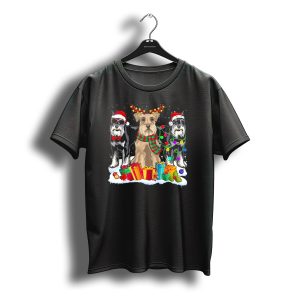 Schnauzer Christmas Santa Hat With Presents And Holiday Lights T-Shirt