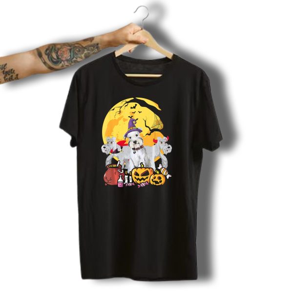 Schnauzer Dog Lover Witch Ghosts Halloween Moon Jack O Lantern Candies Cauldron T Shirt t shirt 1