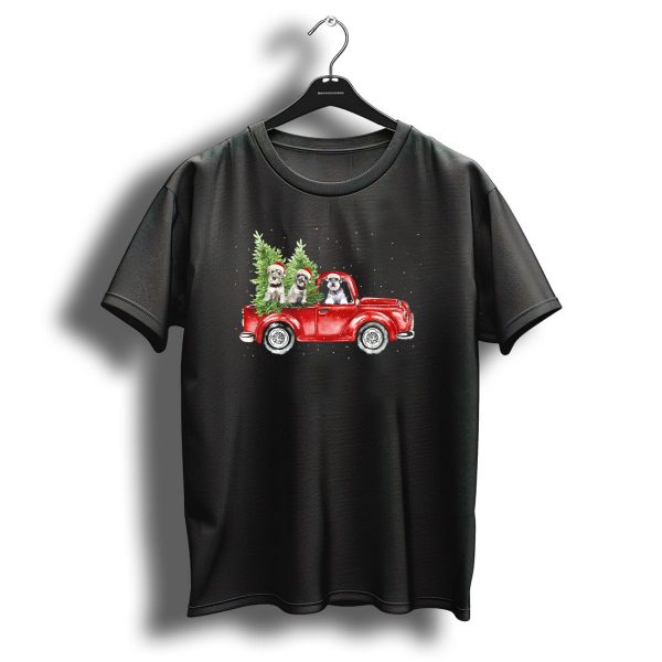 Schnauzer Dogs Drive Red Truck With Christmas Trees And Santa Hats T Shirt 1 t shirt 1