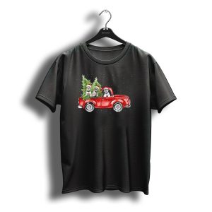 Schnauzer Dogs Drive Red Truck With Christmas Trees And Santa Hats T-Shirt