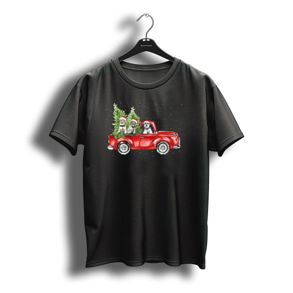 Schnauzer Dogs Drive Red Truck With Christmas Trees And Santa Hats T Shirt t shirt 1